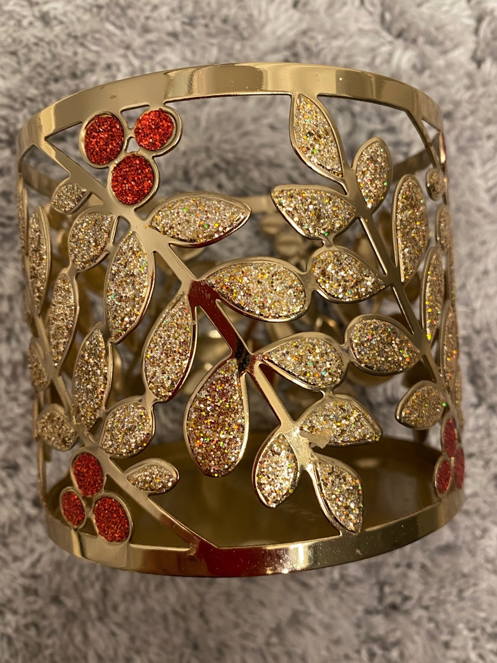 Bath & Body Works Gold Glitter Leaves Candle Holder with Red Glitter Accents